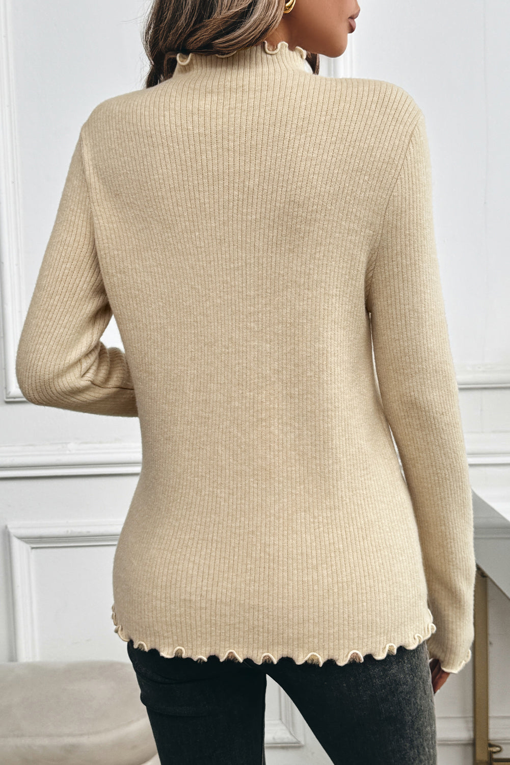 Apricot Fleece Lined Lettuces Edge High Neck Ribbed Slim Fit Sweater