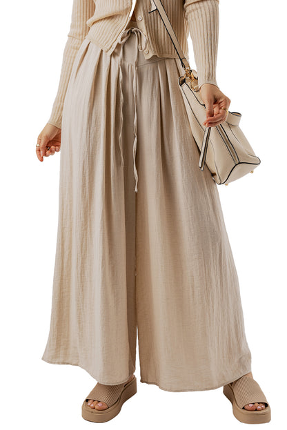 Beige Drawstring Waist Pleated Wide Leg Casual Pants