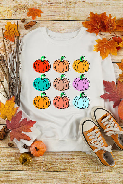 Beige Vibrant Pumpkins Print Crew Neck Halloween Sweatshirt