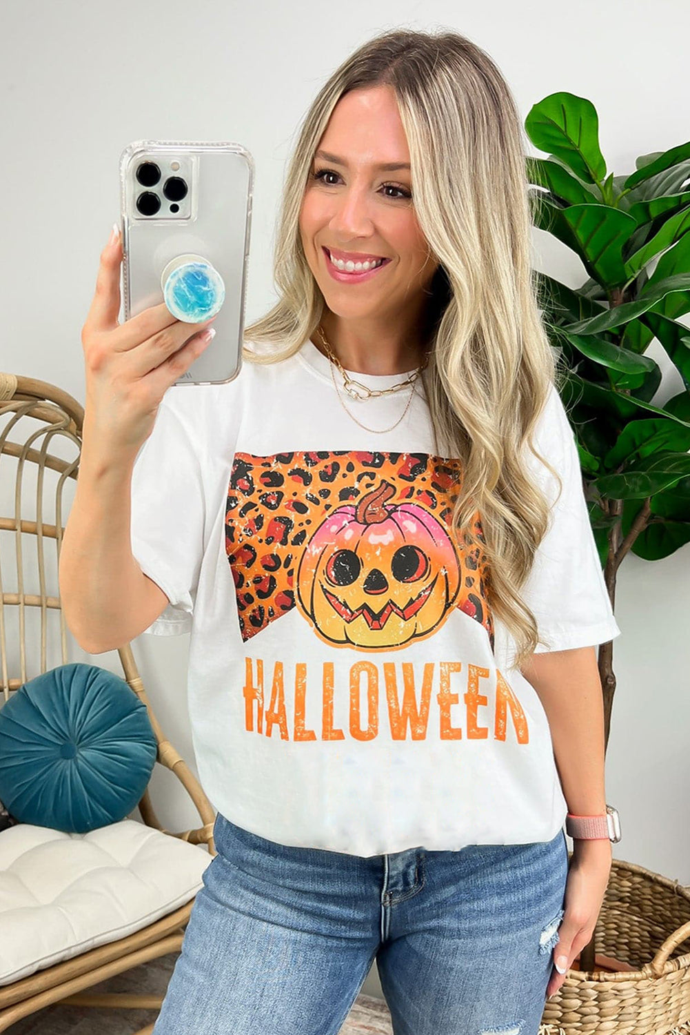 White Leopard Pumpkin Face HALLOWEEN Graphic T Shirt