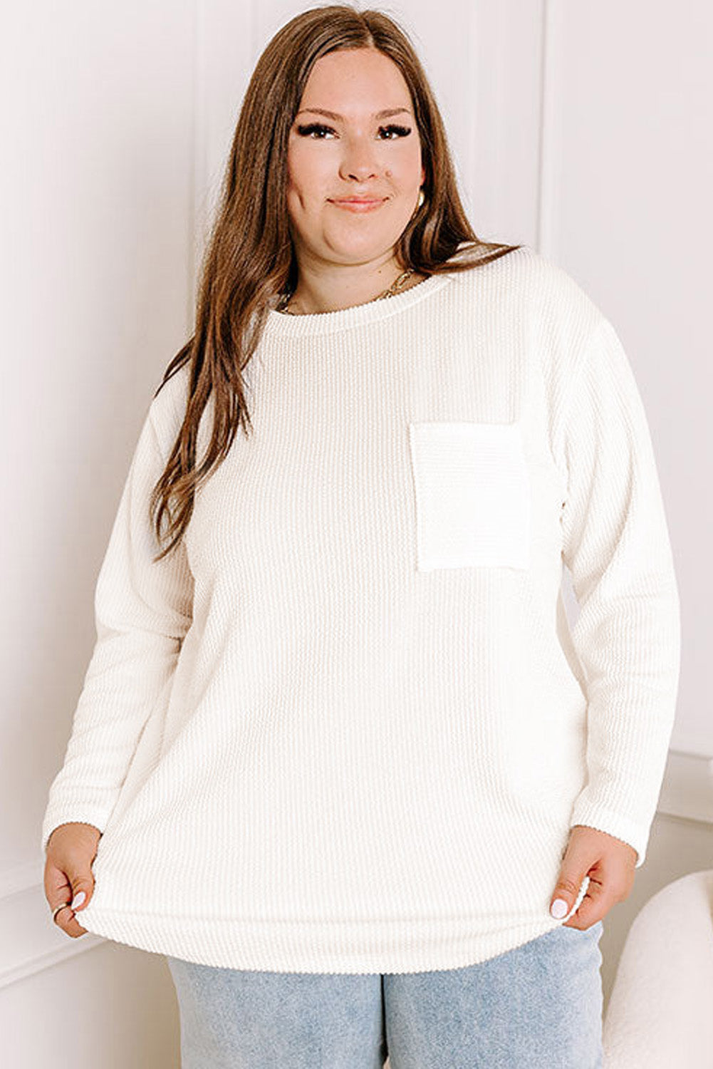 White Plus Size Ribbed Textured Long Sleeve T Shirt