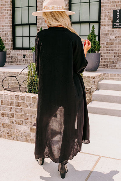 Black 3/4 Sleeve Button Up Long Kimono