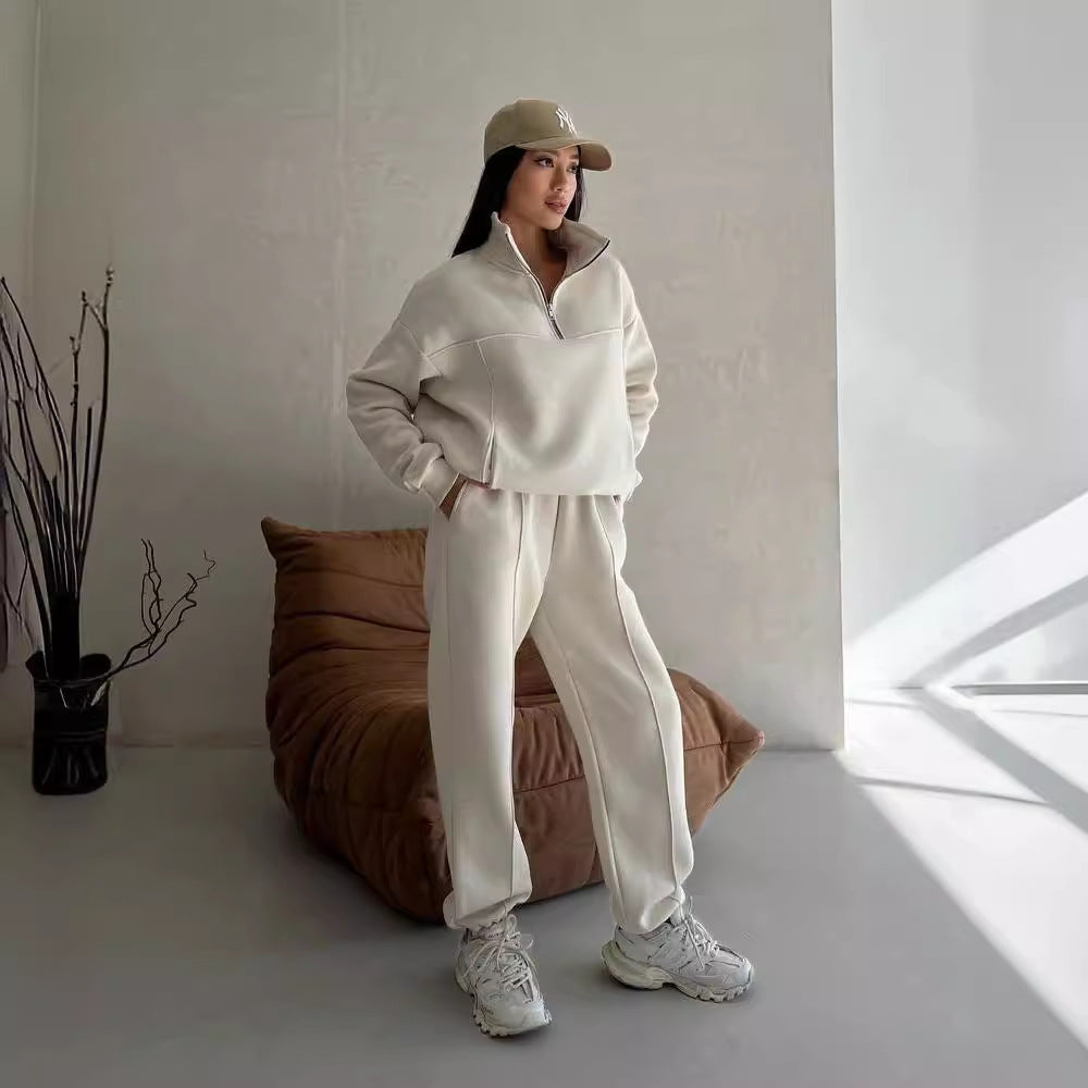 Y2K Women's Two-Piece Winter Tracksuit - Zipper Coat & Casual Pants Sport Set with Contrast Design