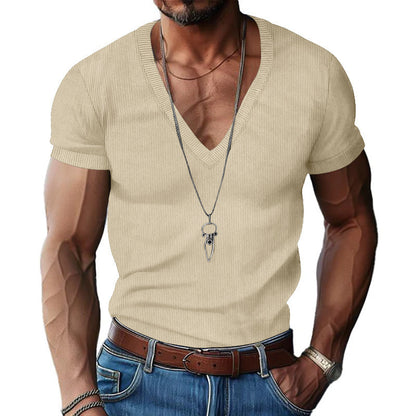 V-neck Solid Color Slim Fit Casual T-shirt Men's Top