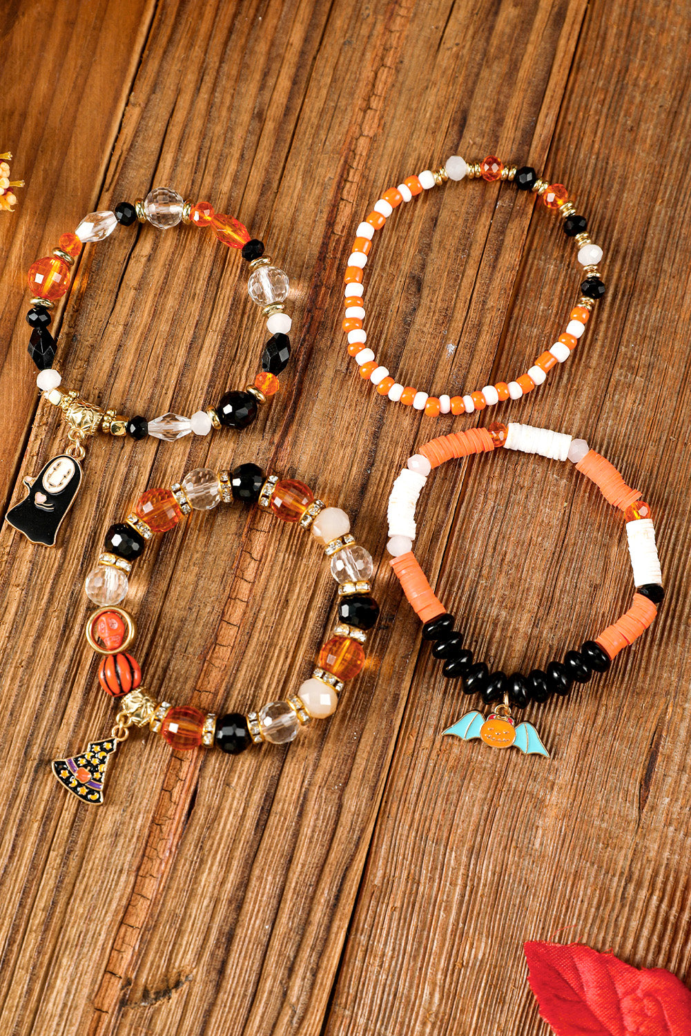 Orange Halloween Pumpkin Ghost Pendant Layered Beaded Bracelet Set