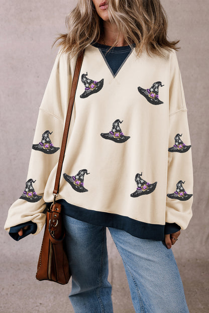 White Halloween Witch Hat Patched Pattern Colorblock Edge Oversized Sweatshirt