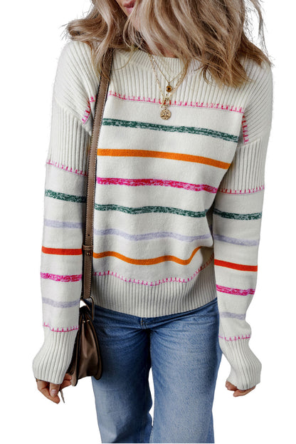 White Colorful Striped Ribbed Trim Sweater