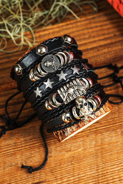 Black Gun Skull Star PU Leather Bracelet Set