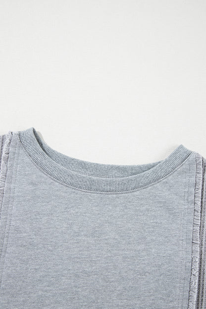 Light Grey Waffle Patchwork Long Sleeve Raw Hem Pullover Top