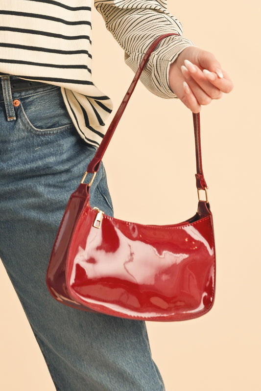 Fiery Red Patent Leather Zipper Shoulder Bag