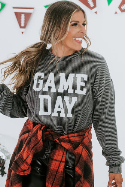 Dark Grey Corded GAME DAY Graphic Long Sleeve Crewneck Top