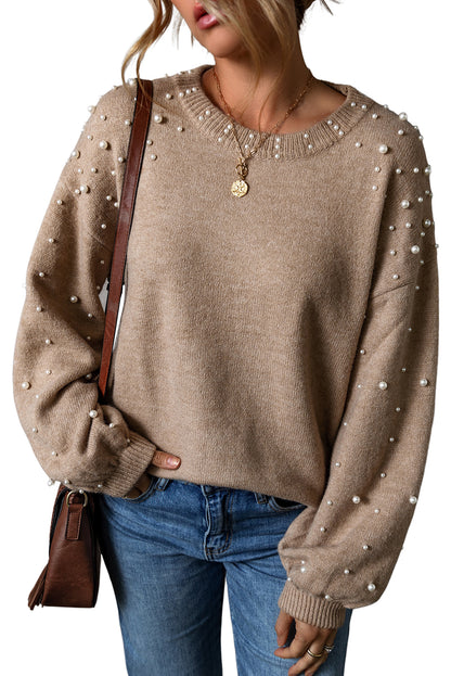 Black Pearled Drop Shoulder Round Neck Sweater