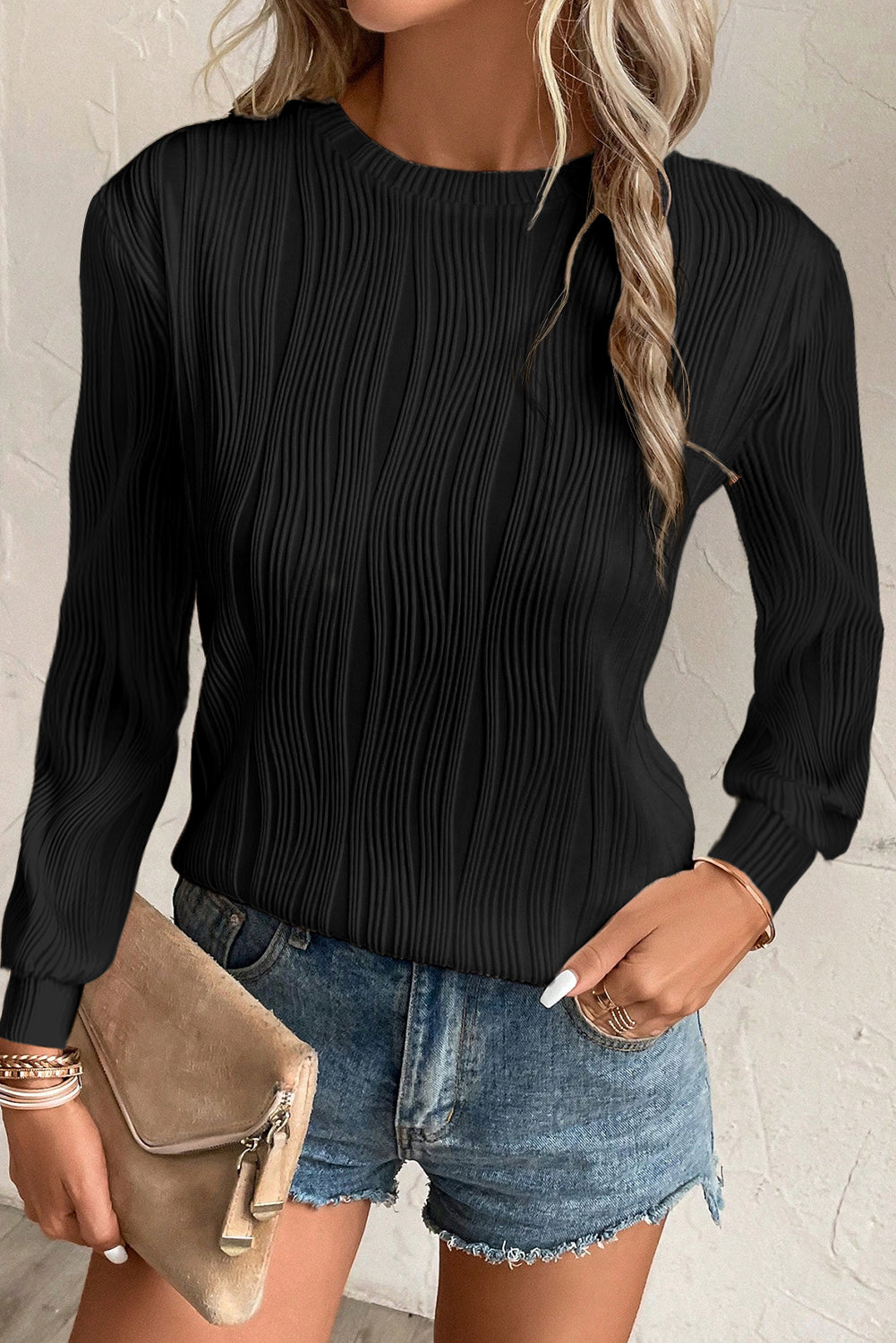 White Textured Wavy Round Neck Long Sleeve Top