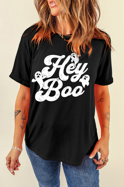 Black Halloween Hey Boo Ghost Print Crew Neck T Shirt