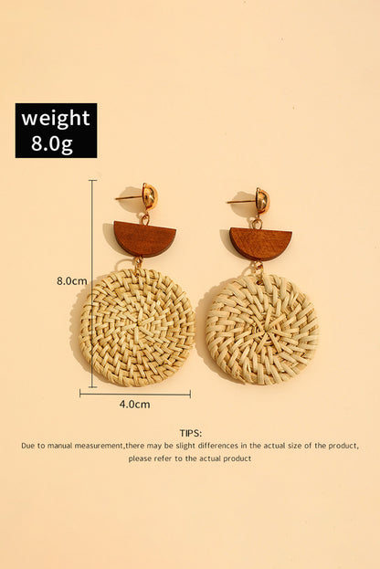 Beige Wooden Woven Disc Dangle Earrings