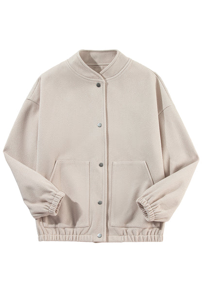 Beige Baseball Collar Snap Button Pocketed Bomber Jacket