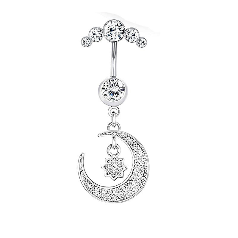 Stainless Steel European And American Inlaid Zircon Navel Stud Love Moon Piercing Jewelry