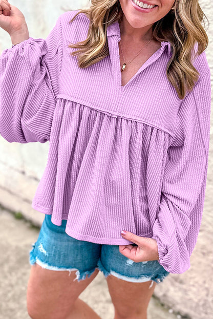 Bright Pink Corded Turn-down V Neck Bubble Sleeve Babydoll Blouse