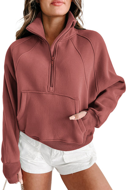 Flamingo Fleece Lined Zip Up Stand Collar Thumbhole Sleeve Sweatshirt