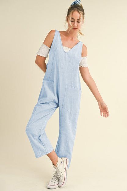 Beau Blue Adjustable Strap V Neck Pocketed Denim Overalls