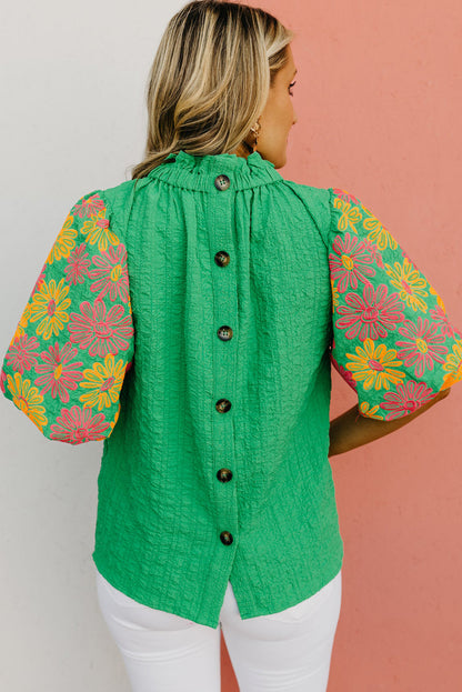 Bright Green Floral Puff Short Sleeve Ruffled Collar Button Back Top