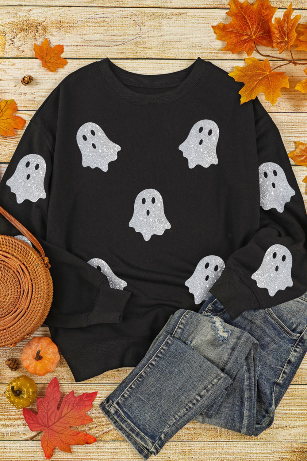 Black Glitter Ghost Pattern Crew Neck Halloween Sweatshirt