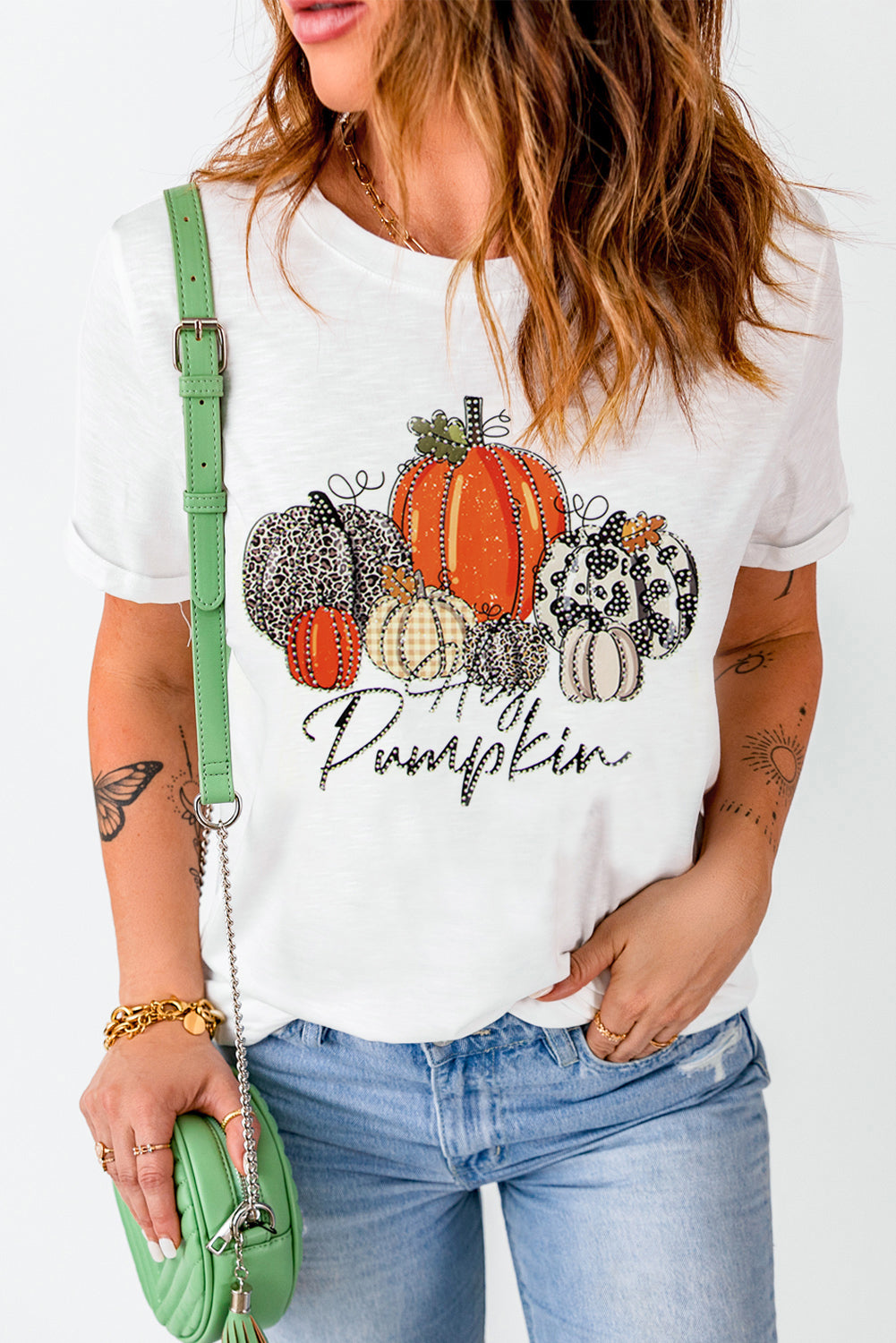 White Rhinestone Hey Pumpkin Graphic Thanksgiving Tee