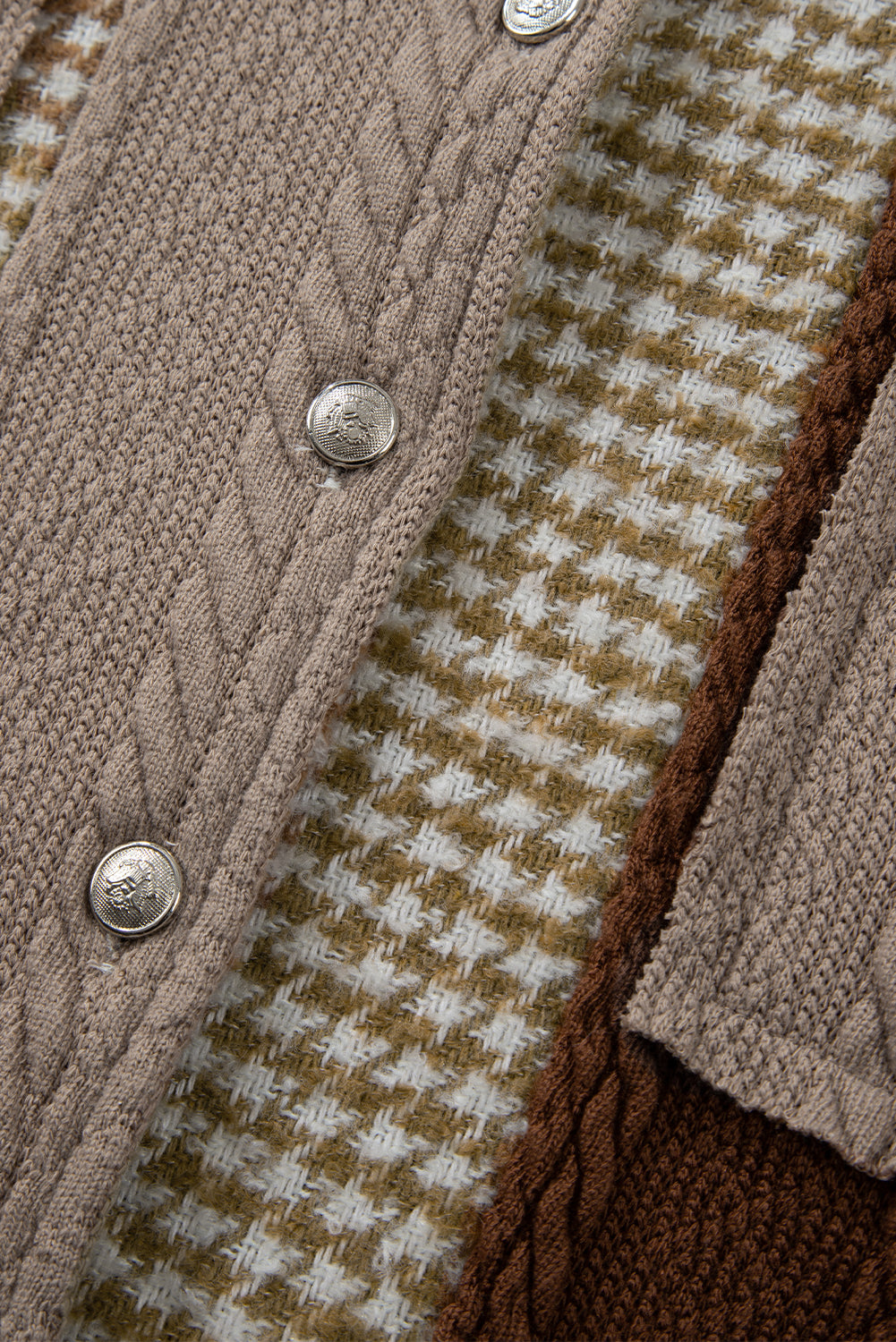 Khaki Houndstooth Color Contrast Textured Patchwork Loose Shacket