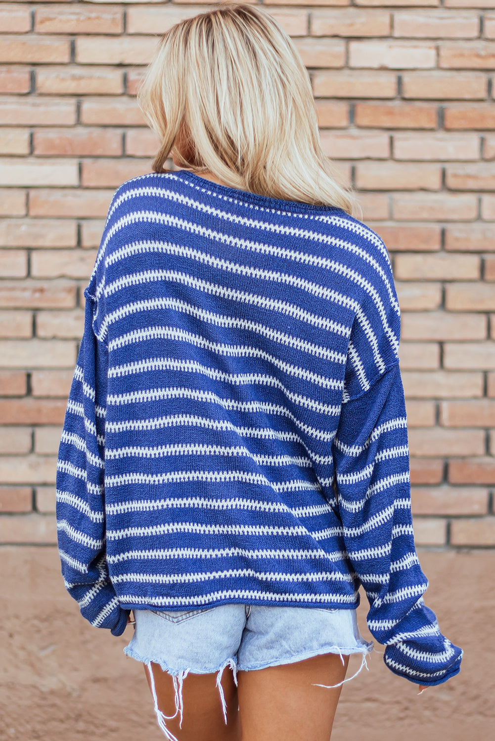 Green Stripe Drop Shoulder Casual Sweater