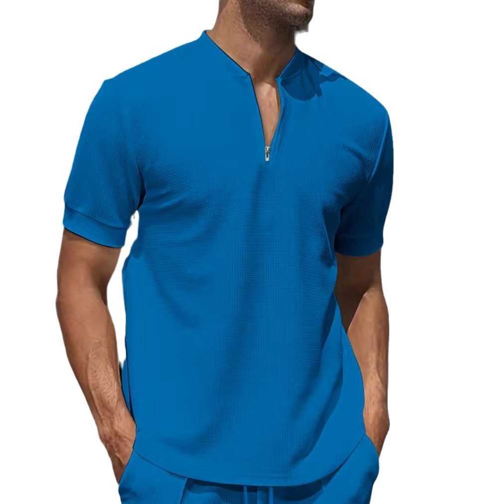 Waffle Zipped Stand Collar Solid Color Short Sleeve