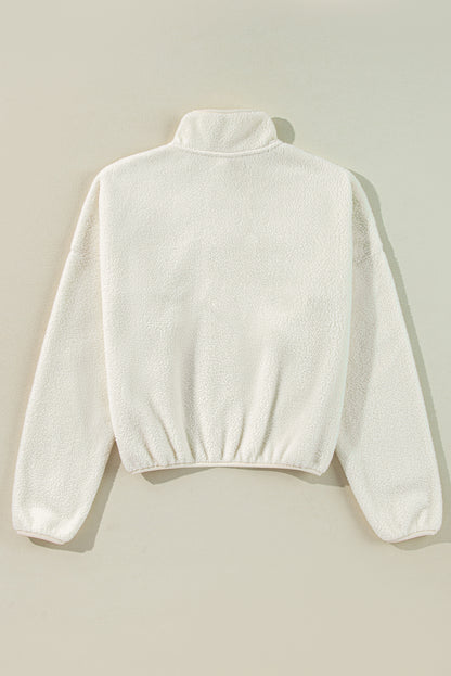 White Fleece Placket Turn-down Collar Drop Shoulder Sweatshirt