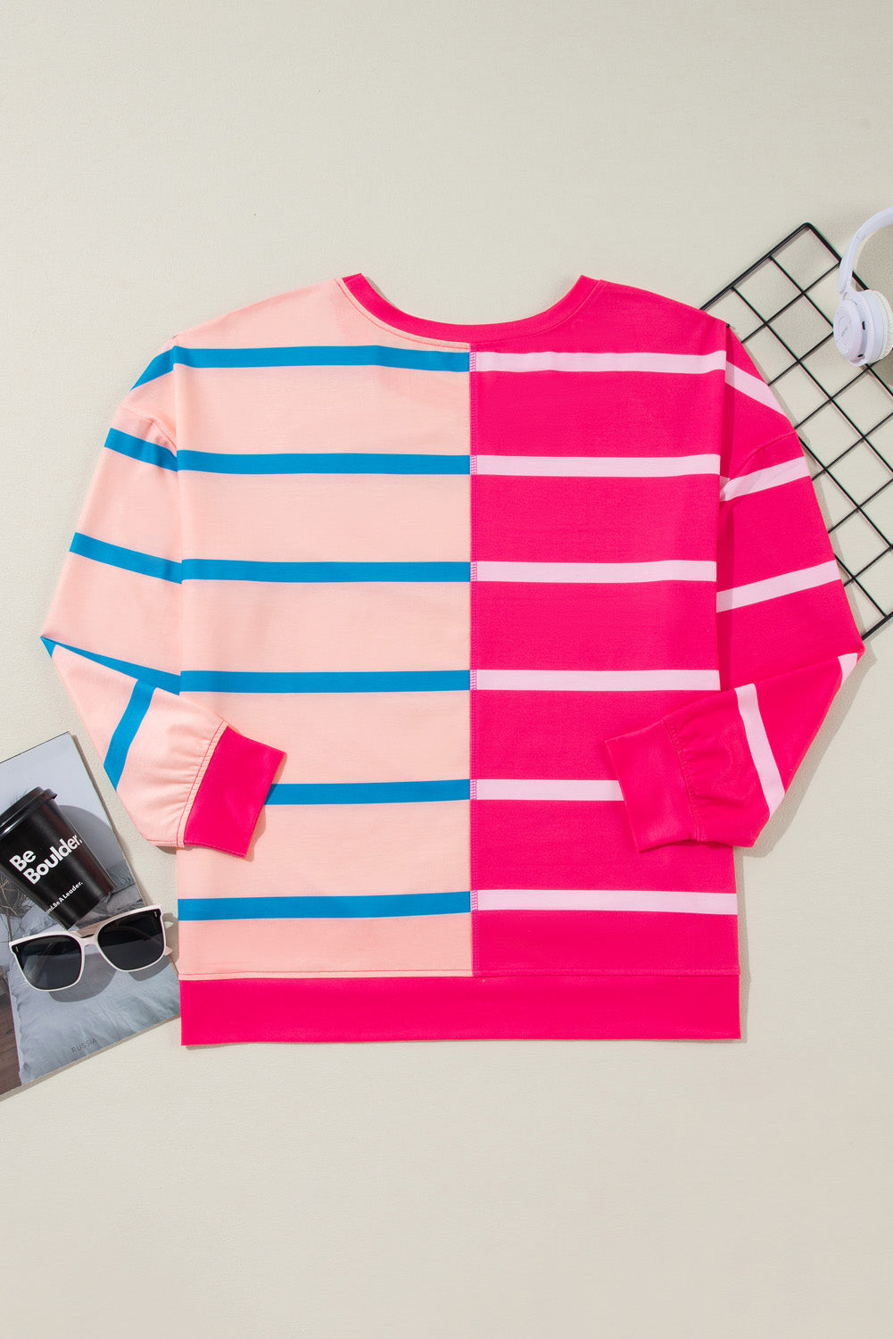 Rose Stripe Color Block Crewneck Long Sleeve Plus Size T Shirt