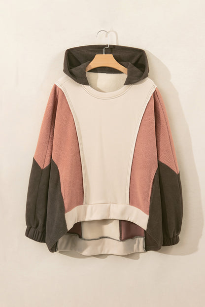 Beige Oversized Color Block Patchwork High Low Hoodie