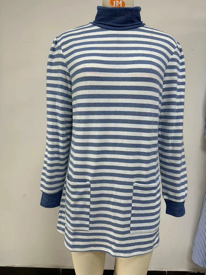 Striped Print Long Sweatshirt With Pocket Loose Long Sleeve Pullover T-shirt Top