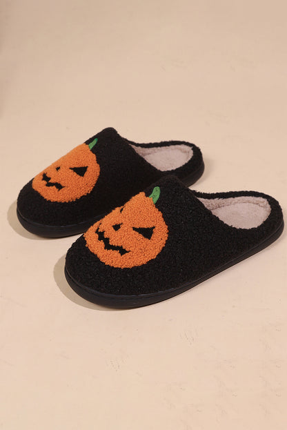 Black Halloween Pumpkin Print Plush Slippers