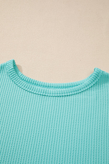 Aruba Blue Solid Color Corded Knit Round Neck Top