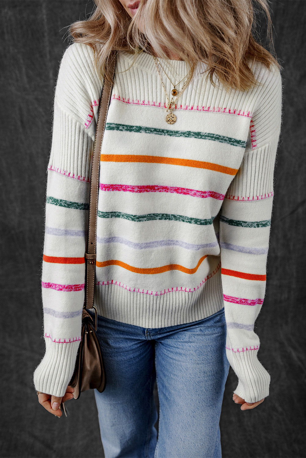 Black Colorful Striped Ribbed Trim Sweater