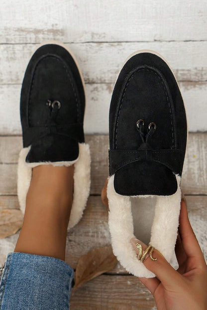 Black Suede Furry Lined Slip on Flat Shoes