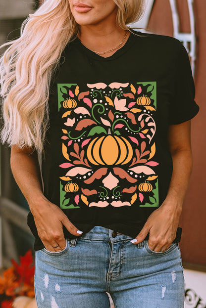 Black Abstract Pumpkin Graphic Crewneck Thanksgiving T Shirt