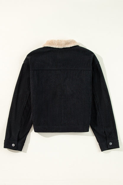 Black Fleece Lined Button-up Collared Corduroy Crop Jacket