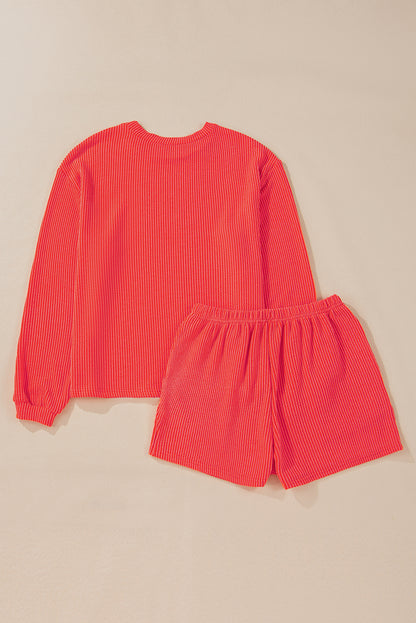 Chestnut Corded Knit Long Sleeve Top and High Waist Shorts Set