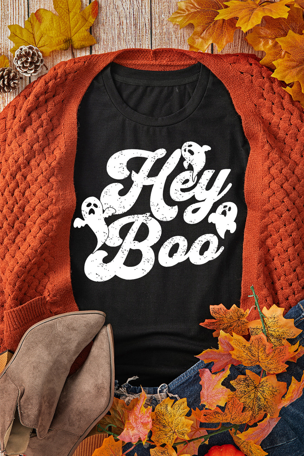 Black Halloween Hey Boo Ghost Print Crew Neck T Shirt