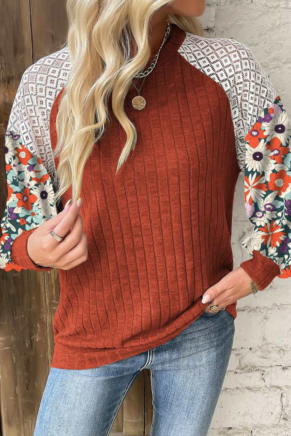 Black Floral Patchwork Long Sleeve Ribbed Blouse