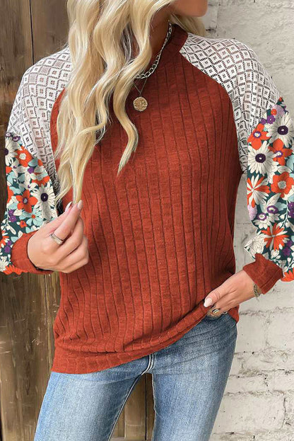 Black Floral Patchwork Long Sleeve Ribbed Blouse