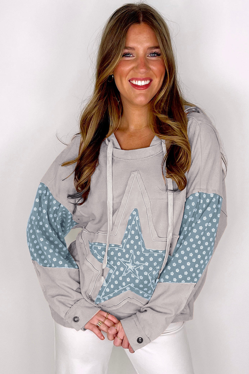 Beau Blue Floral Patchwork Star Pattern Drawstring Hoodie