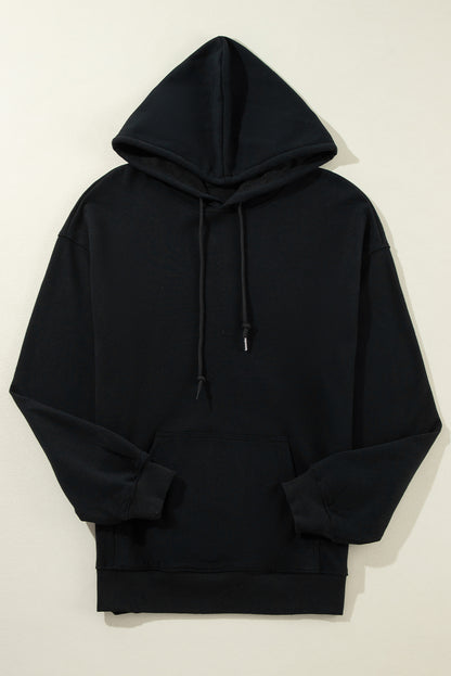 Black Fleece Lined Kangaroo Pocket Drawstring Chunky Hoodie