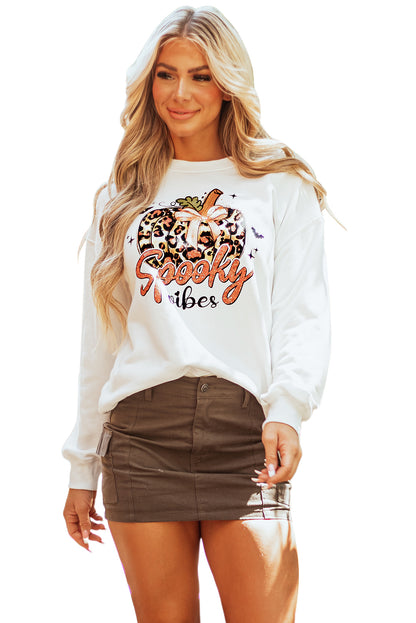 Beige Spooky Leopard Pumpkin Print Crew Neck Sweatshirt