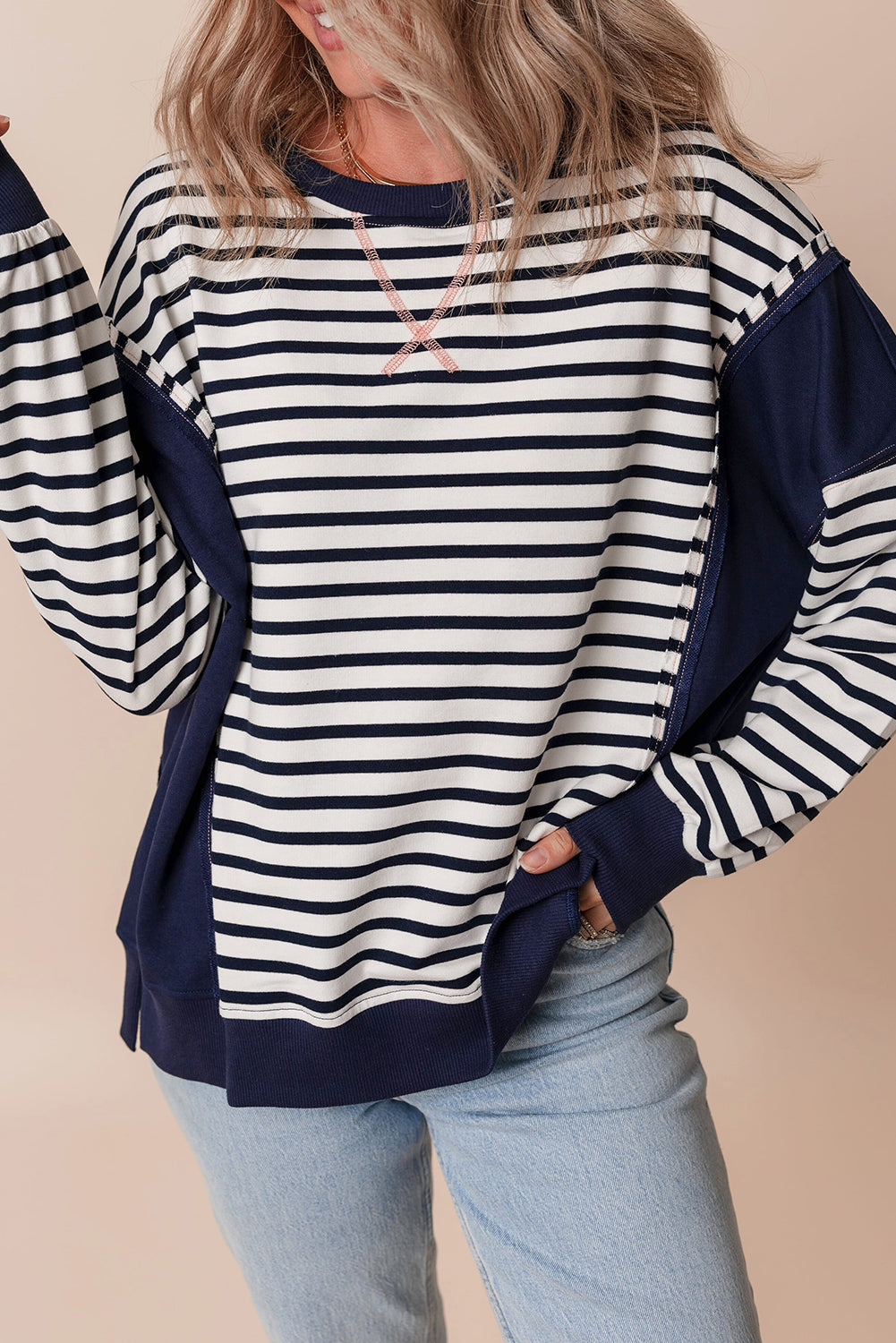 White Stripe Color Block Exposed Seam Loose Fit Sweatshirt