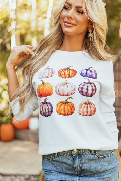 Beige Thanksgiving Halloween Pumpkin Graphic Pullover Sweatshirt