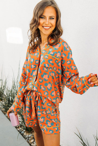 Orange Leopard Print Long Sleeve Shirt and Shorts Pajama Set